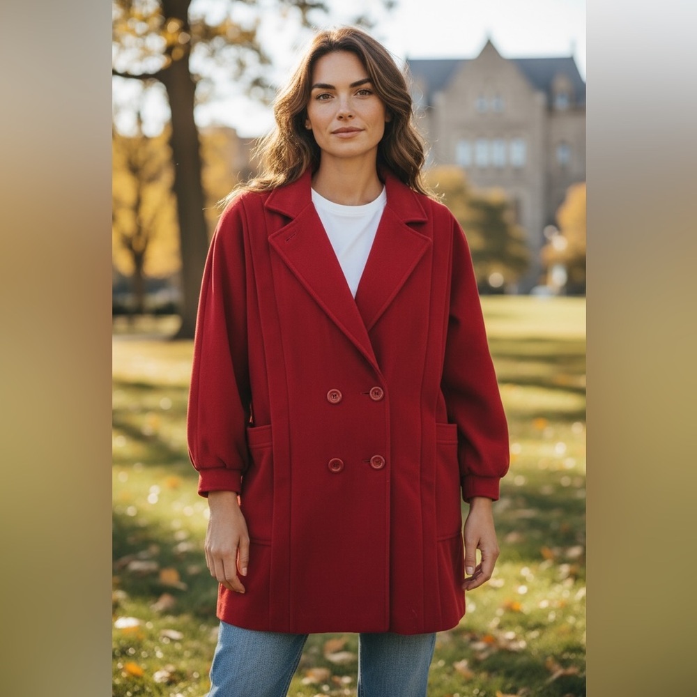 Vintage 70’s/80’s Wool Blend Holiday Red Double Breasted Puff Sleeve Peacoat